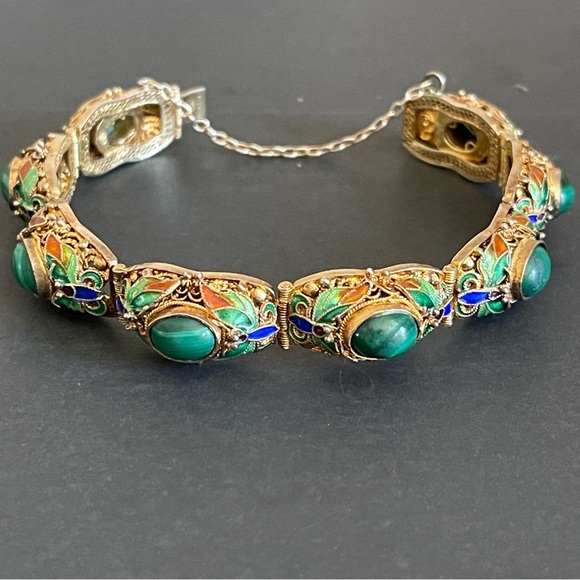 Vintage Chinese export malachite and enamel filigree...